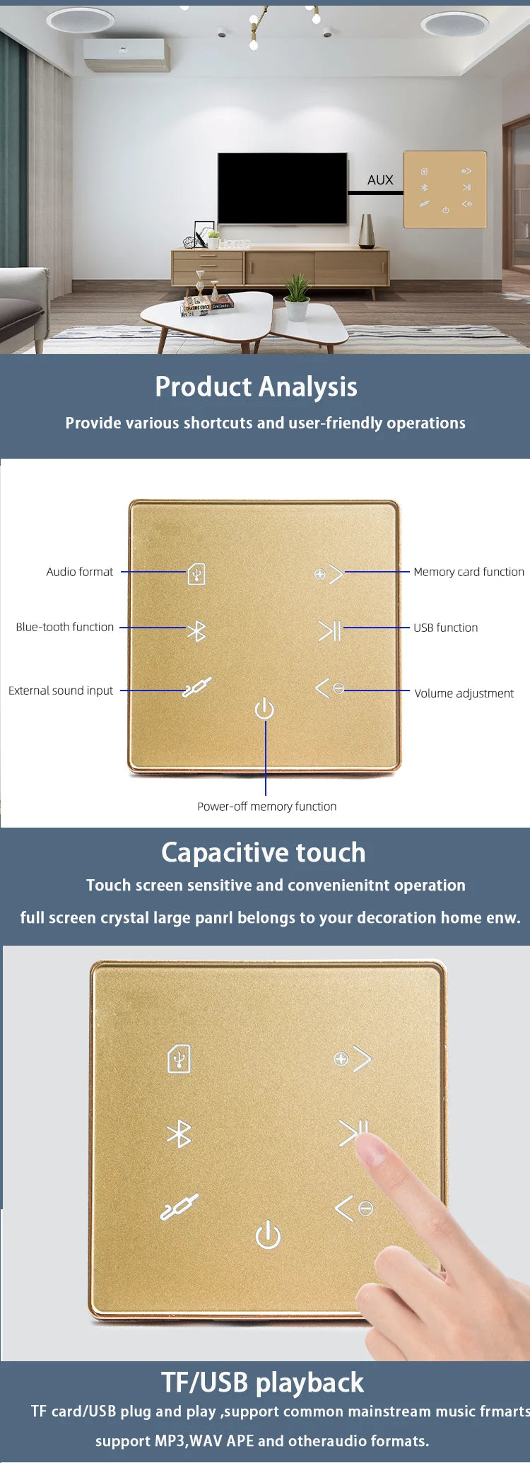 4Channel 25W Class D In Wall Amplifier Audio Touch Screen Bluetooth-compatible Smart Home Theater Cinema System Radio Aux
